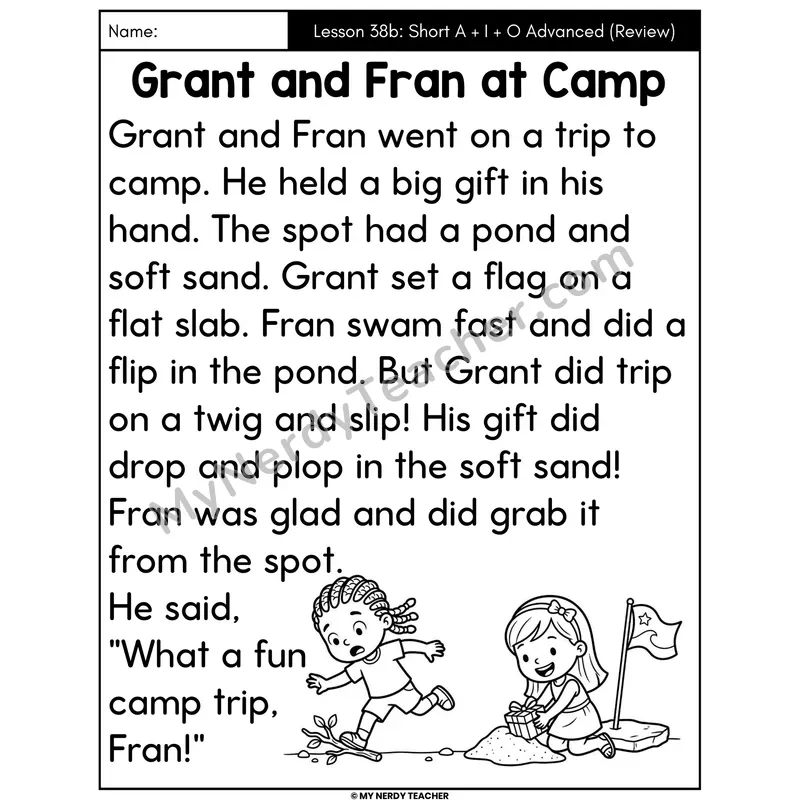 Short A I O Advanced Review Decodable Passage - Grant and Fran at Camp (Large Print)