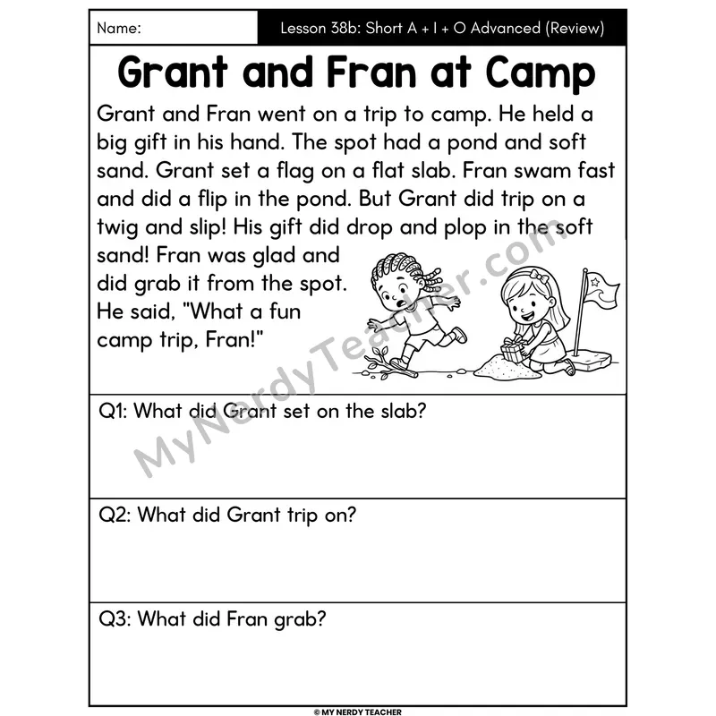 Short A I O Advanced Review Decodable Passage - Grant and Fran at Camp (Answer Boxes)