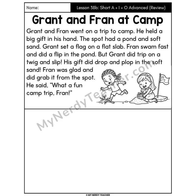 Short A I O Advanced Review Decodable Passage - Grant and Fran at Camp (Draw the Story)
