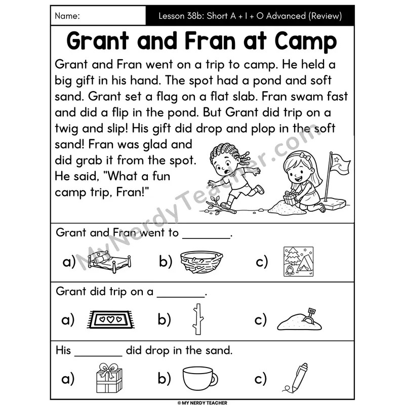 Short A I O Advanced Review Decodable Passage - Grant and Fran at Camp (Picture Choices)
