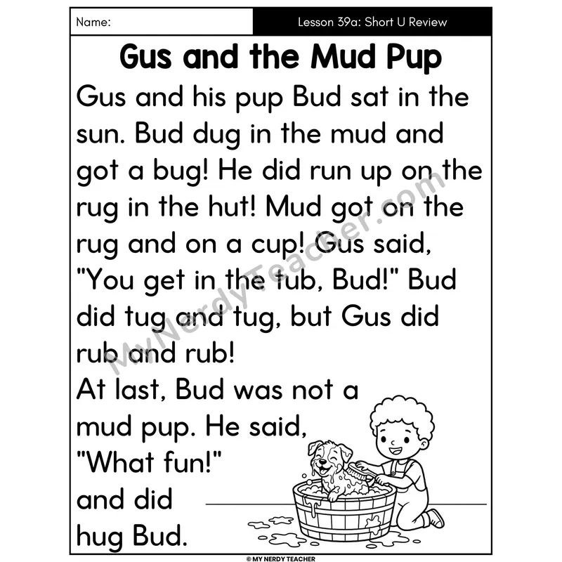 Short U Review Decodable Passage - Gus and the Mud Pup (Large Print)