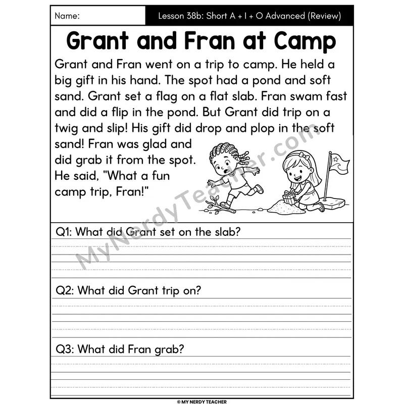 Short A I O Advanced Review Decodable Passage - Grant and Fran at Camp (Written Answers)