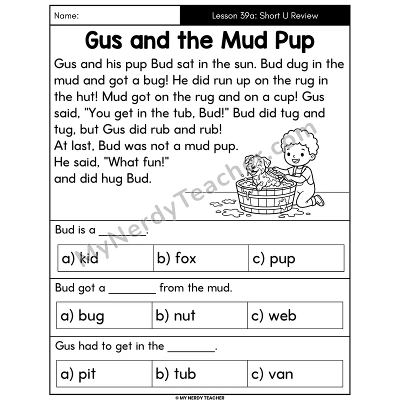 Short U Review Decodable Passage - Gus and the Mud Pup (Multiple Choice)