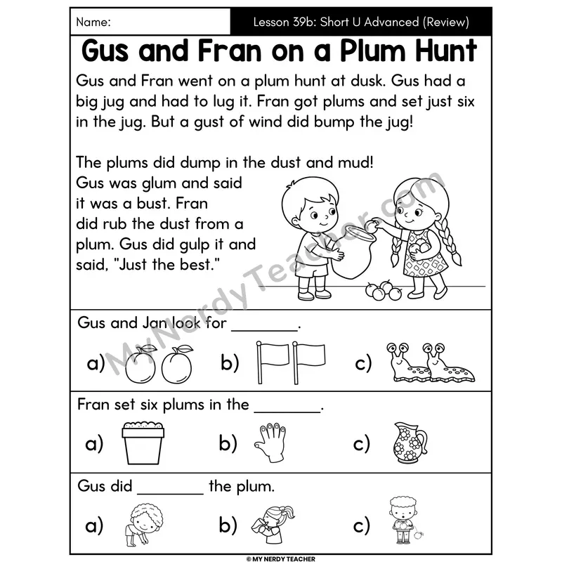 Short U Advanced Review Decodable Passage - Gus and Fran on a Plum Hunt (Picture Choices)