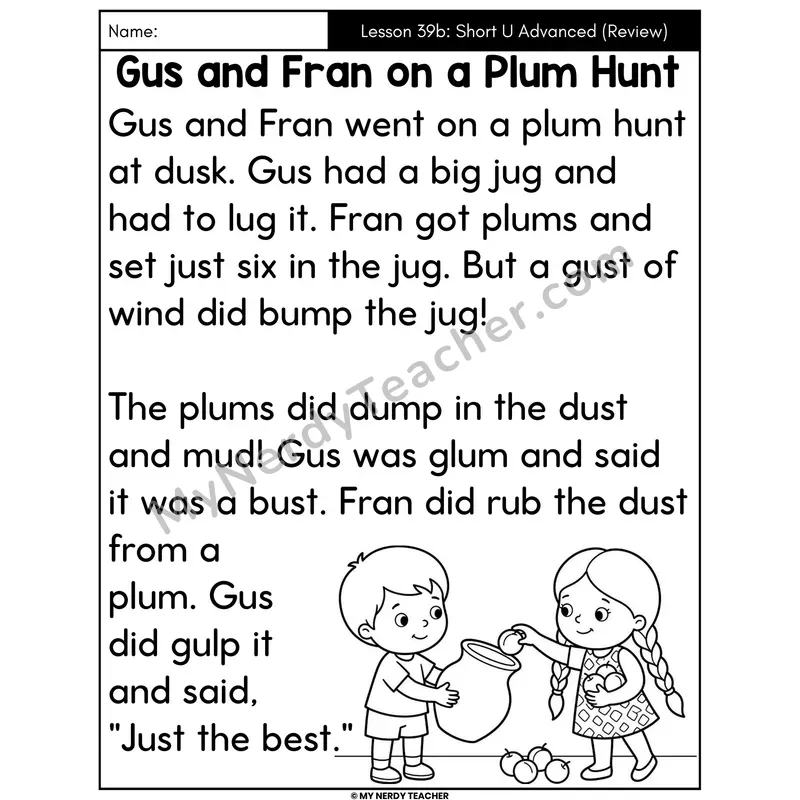 Short U Advanced Review Decodable Passage - Gus and Fran on a Plum Hunt (Large Print)