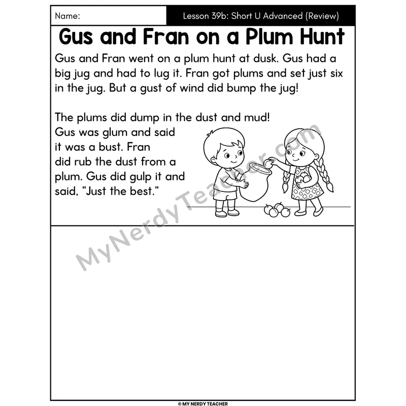 Short U Advanced Review Decodable Passage - Gus and Fran on a Plum Hunt (Draw the Story)