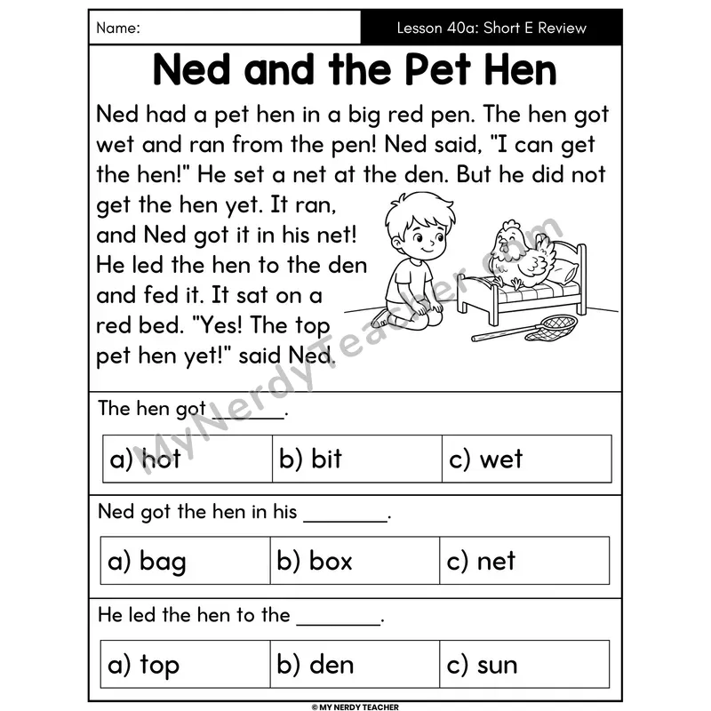 Short E Review Decodable Passage - Ned and the Pet Hen (Multiple Choice)