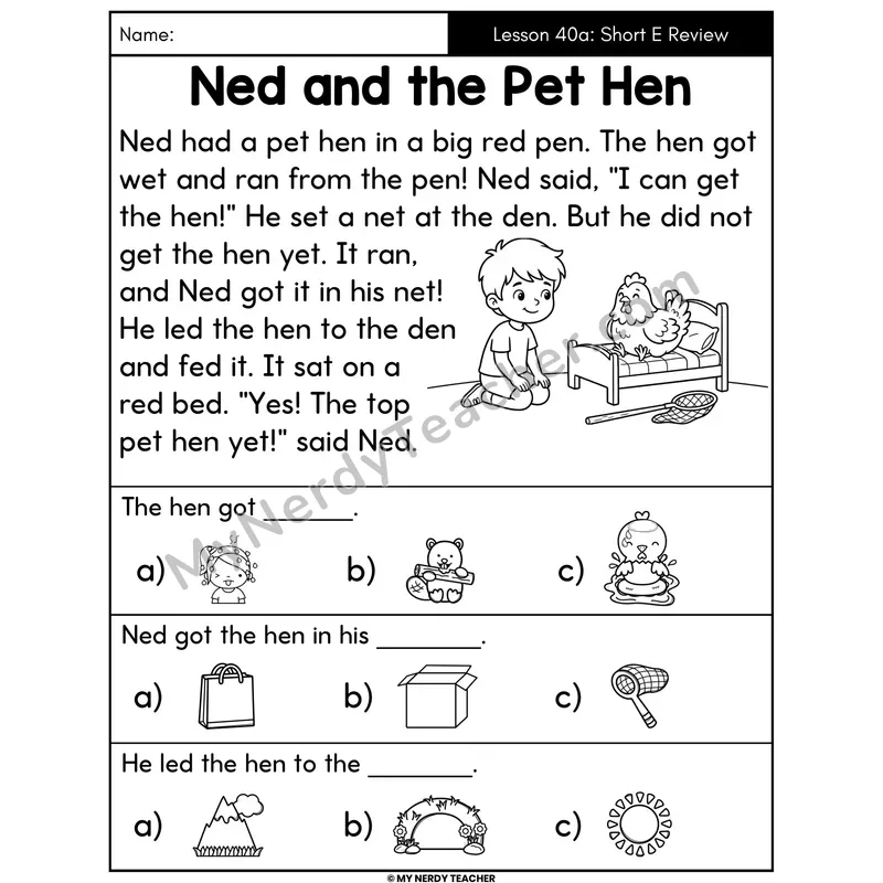Short E Review Decodable Passage - Ned and the Pet Hen (Picture Choices)