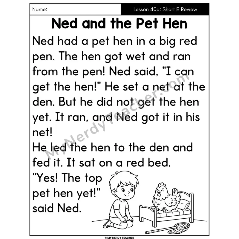 Short E Review Decodable Passage - Ned and the Pet Hen (Large Print)