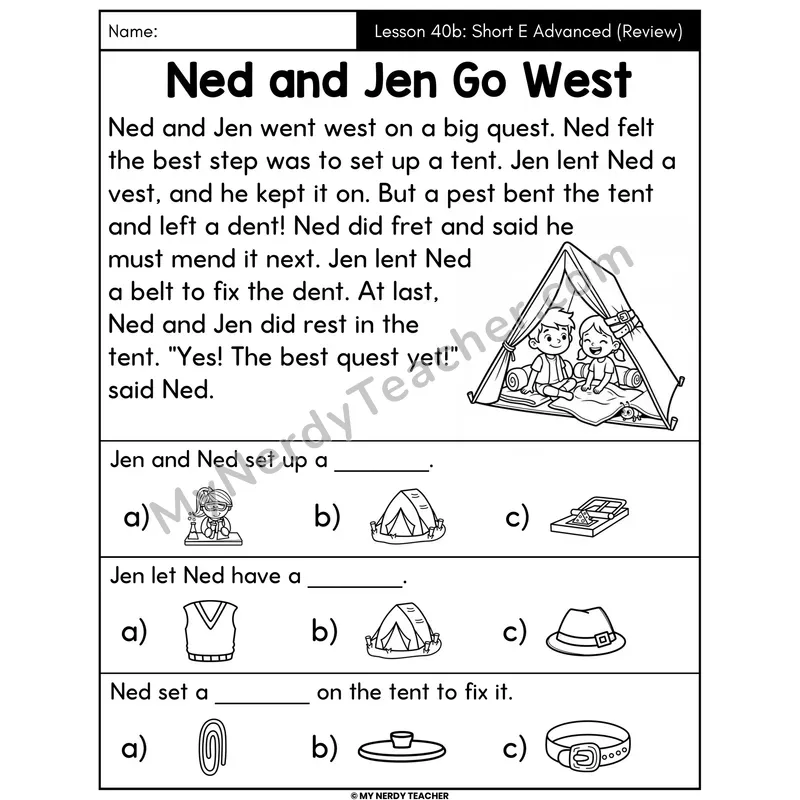 Short E Advanced Review Decodable Passage - Ned and Jen Go West (Picture Choices)