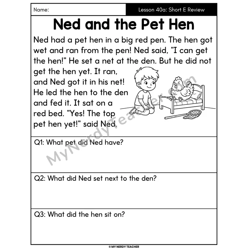 Short E Review Decodable Passage - Ned and the Pet Hen (Answer Boxes)