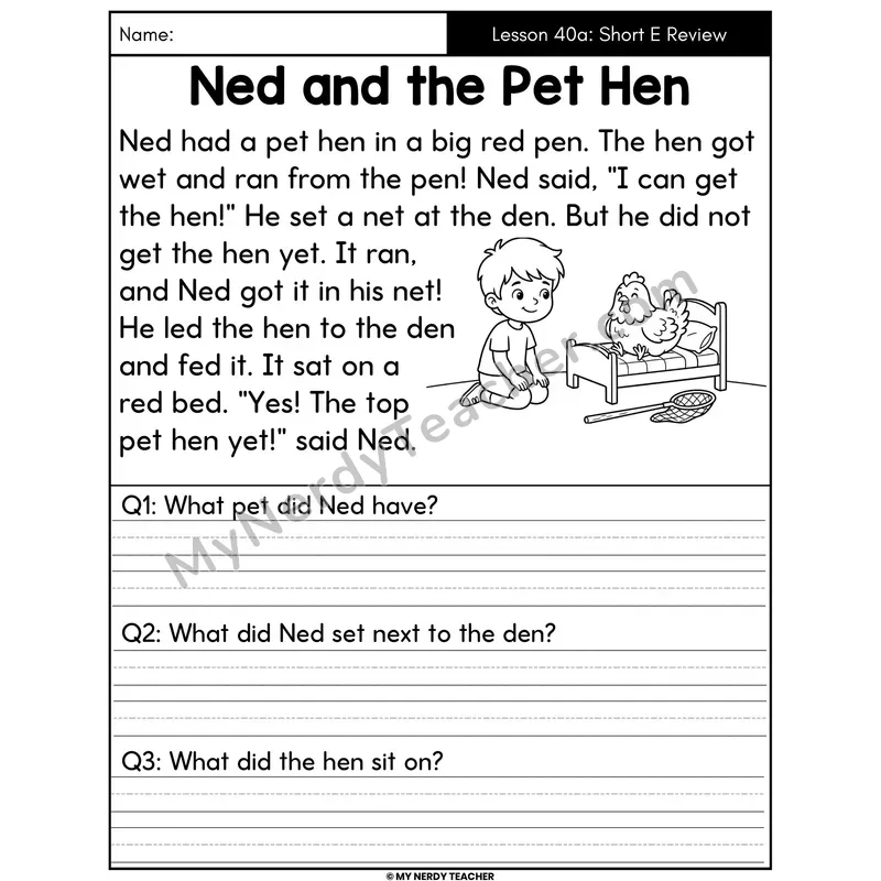 Short E Review Decodable Passage - Ned and the Pet Hen (Written Answers)