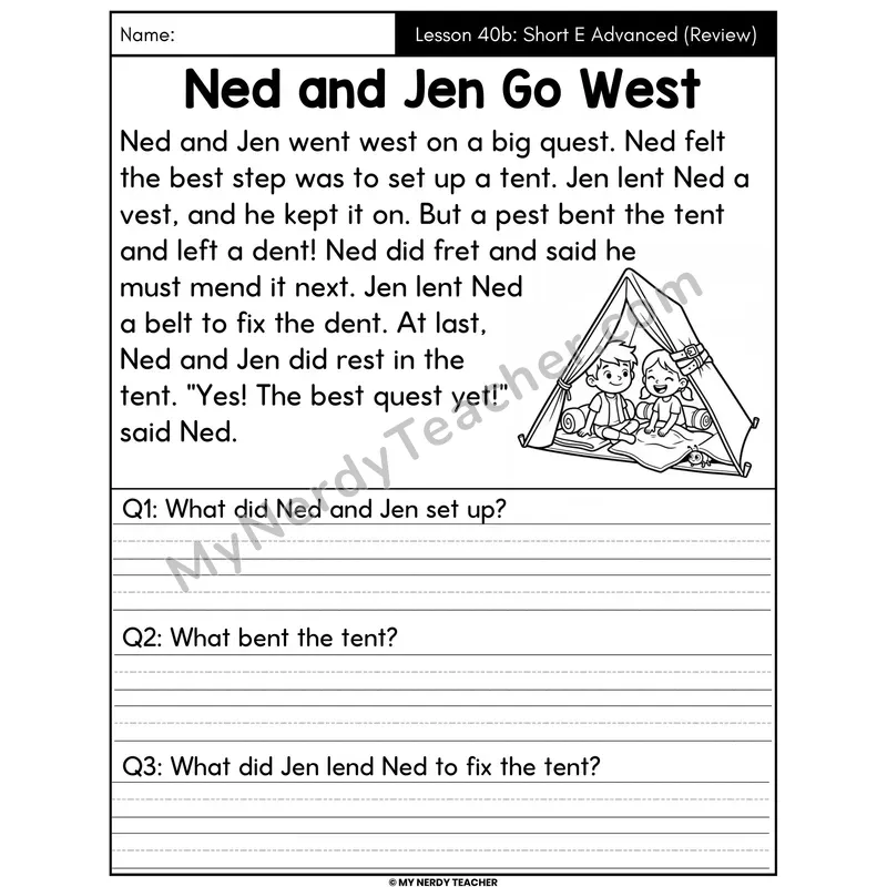 Short E Advanced Review Decodable Passage - Ned and Jen Go West (Written Answers)