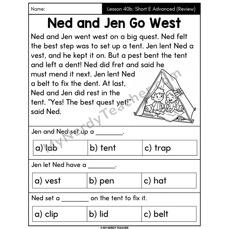 Short E Advanced Review Decodable Passage - Ned and Jen Go West (Multiple Choice)