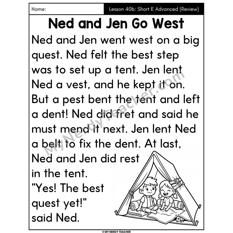 Short E Advanced Review Decodable Passage - Ned and Jen Go West (Large Print)