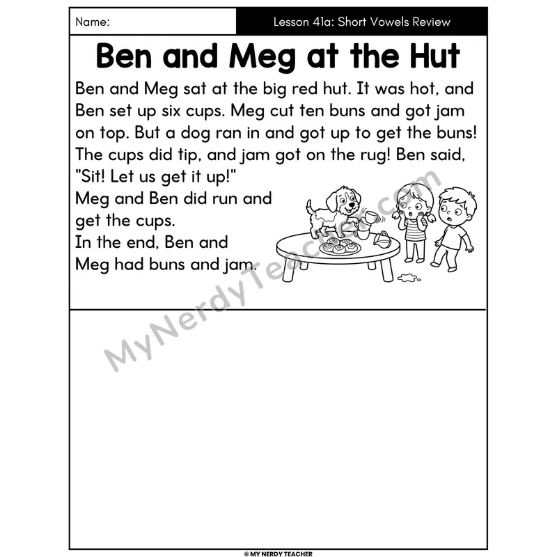 Short Vowels Review Decodable Passage - Ben and Meg at the Hut (Draw the Story)