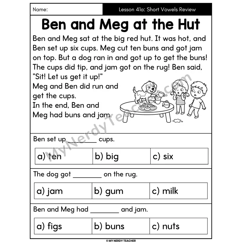 Short Vowels Review Decodable Passage - Ben and Meg at the Hut (Multiple Choice)