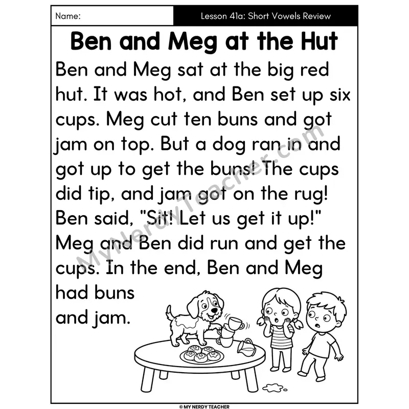 Short Vowels Review Decodable Passage - Ben and Meg at the Hut (Large Print)