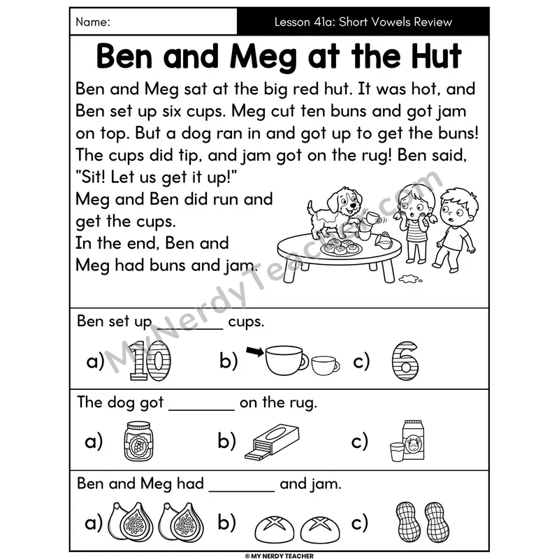 Short Vowels Review Decodable Passage - Ben and Meg at the Hut (Picture Choices)