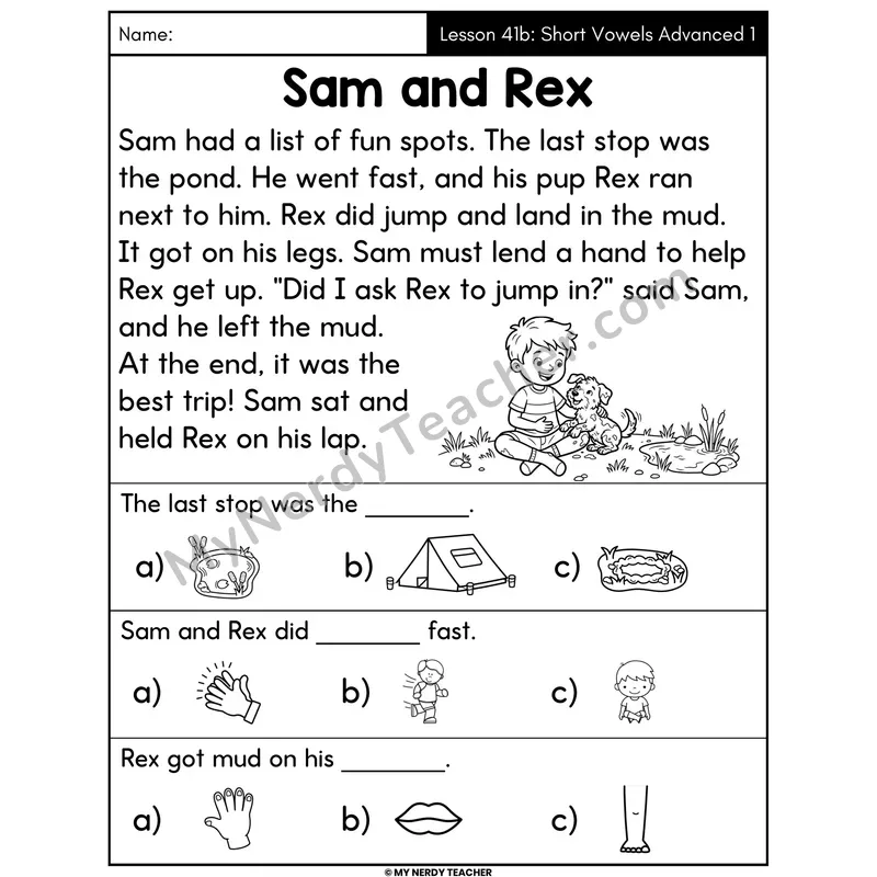 Short Vowels Advanced Review 1 Decodable Passage - Sam and Rex (Picture Choices)