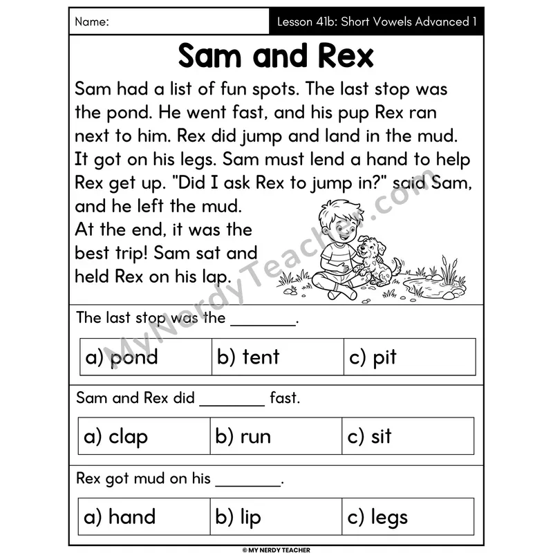 Short Vowels Advanced Review 1 Decodable Passage - Sam and Rex (Multiple Choice)