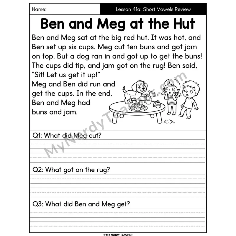 Short Vowels Review Decodable Passage - Ben and Meg at the Hut (Written Answers)