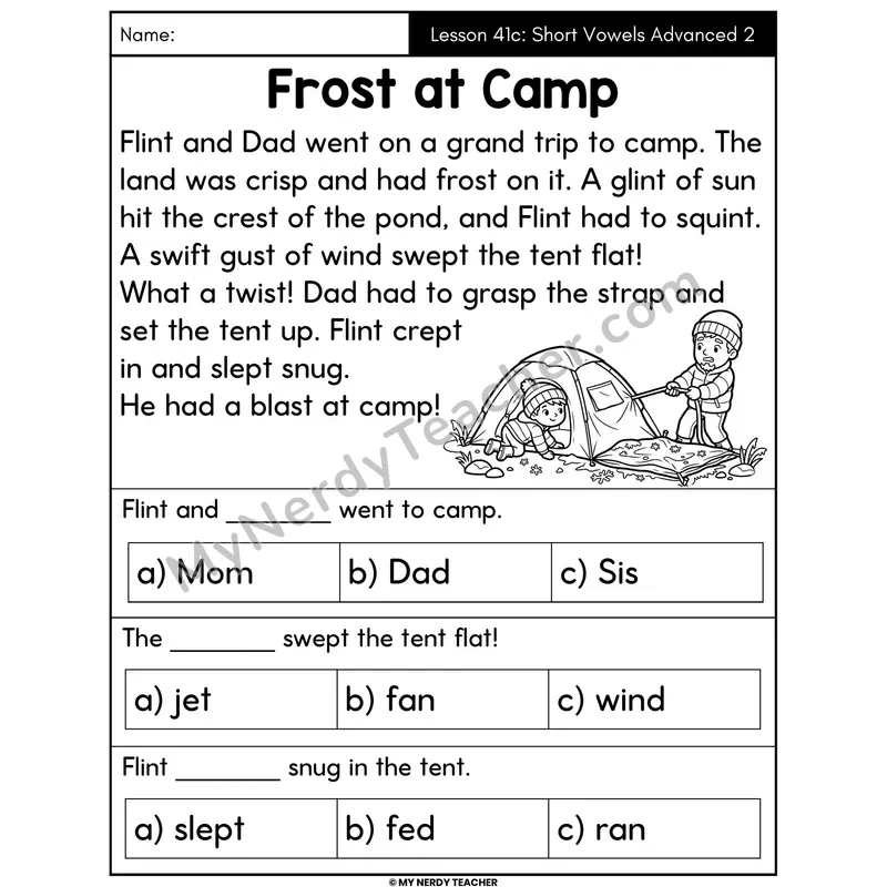 Short Vowels Advanced Review 2 Decodable Passage - Frost at Camp (Multiple Choice)