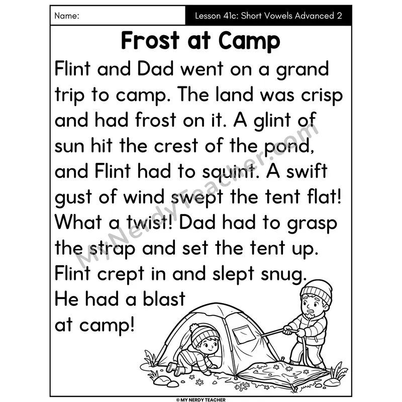 Short Vowels Advanced Review 2 Decodable Passage - Frost at Camp (Large Print)