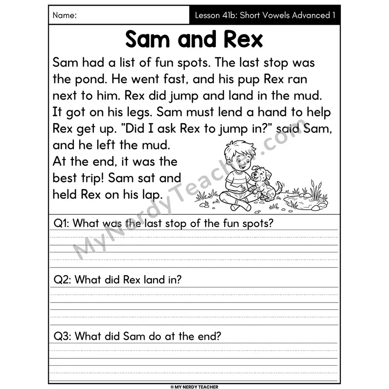 Short Vowels Advanced Review 1 Decodable Passage - Sam and Rex (Written Answers)
