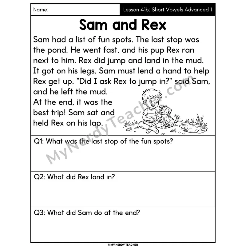 Short Vowels Advanced Review 1 Decodable Passage - Sam and Rex (Answer Boxes)