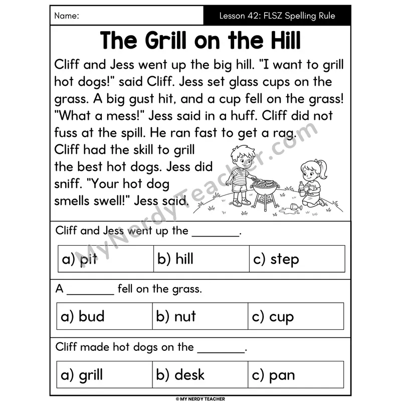 FLSZ Floss Rule Decodable Passage - The Grill on the Hill (Multiple Choice)