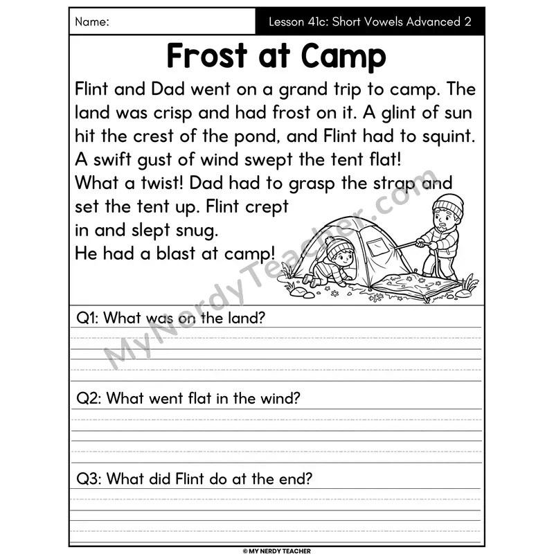 Short Vowels Advanced Review 2 Decodable Passage - Frost at Camp (Written Answers)