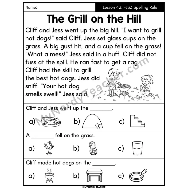 FLSZ Floss Rule Decodable Passage - The Grill on the Hill (Picture Choices)