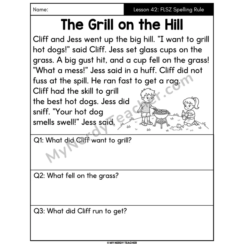 FLSZ Floss Rule Decodable Passage - The Grill on the Hill (Answer Boxes)
