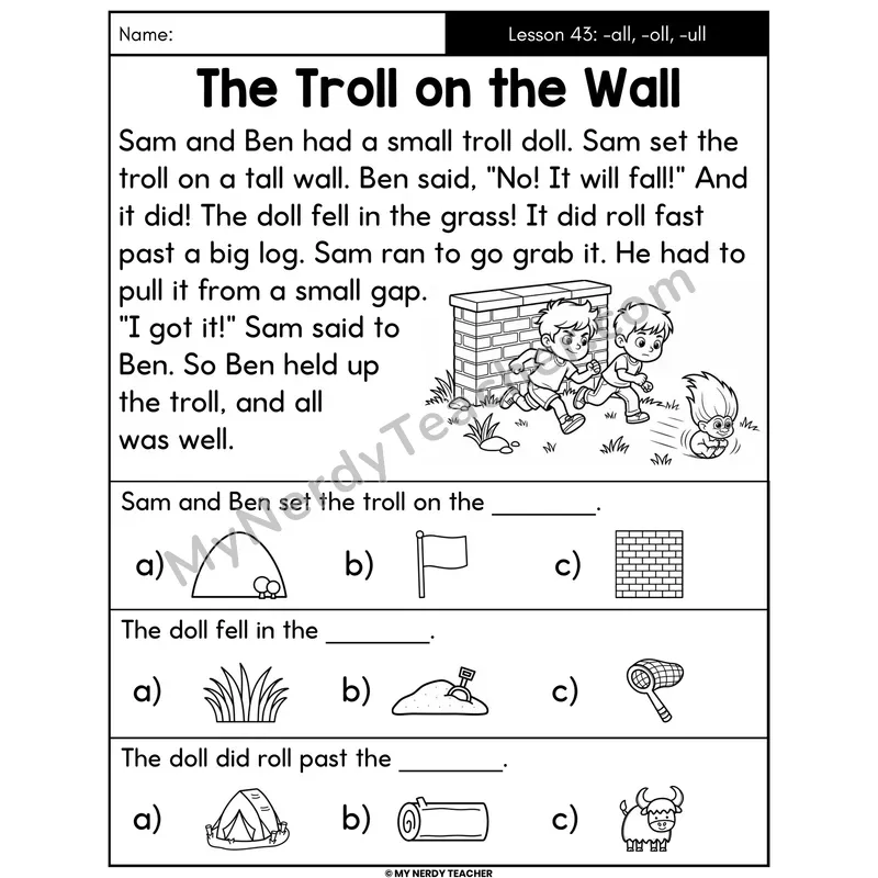 -all -oll -ull Glued Sounds Decodable Passage - The Troll on the Wall (Picture Choices)