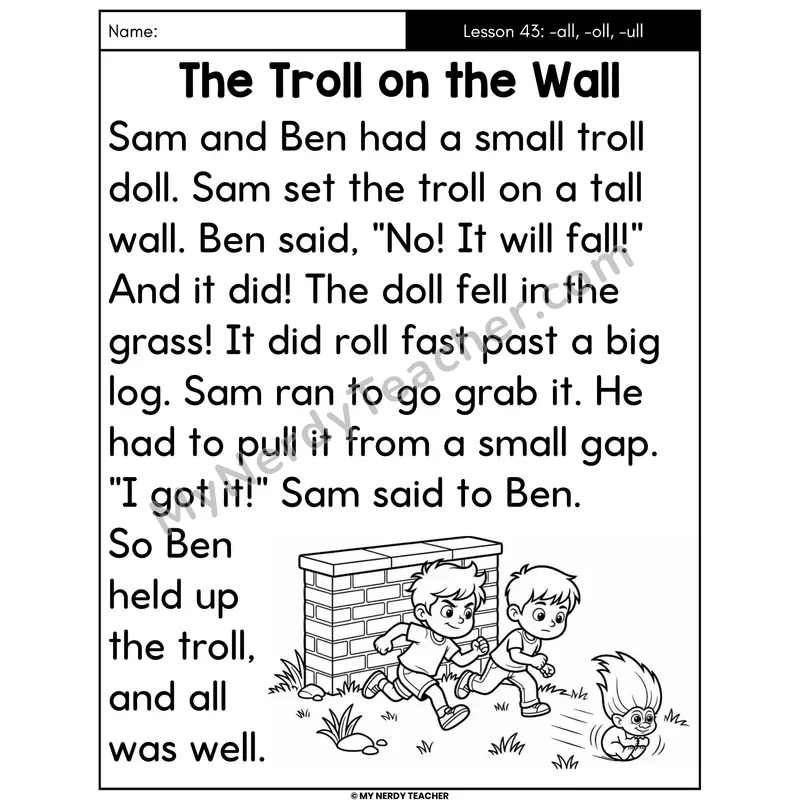 -all -oll -ull Glued Sounds Decodable Passage - The Troll on the Wall (Large Print)