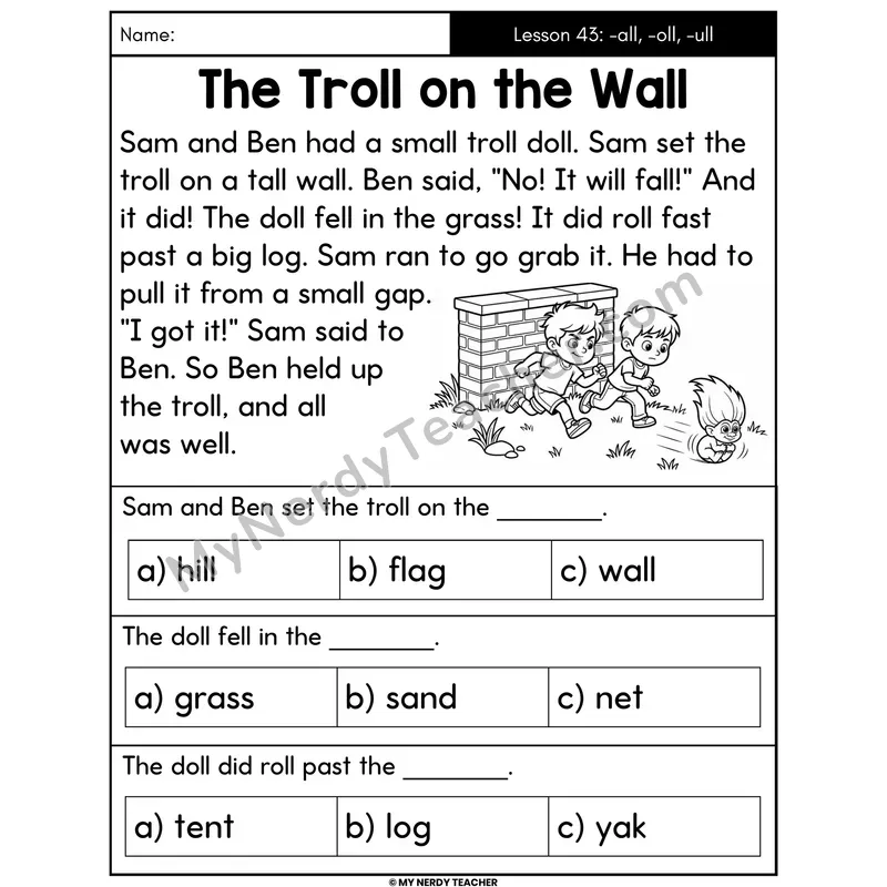 -all -oll -ull Glued Sounds Decodable Passage - The Troll on the Wall (Multiple Choice)