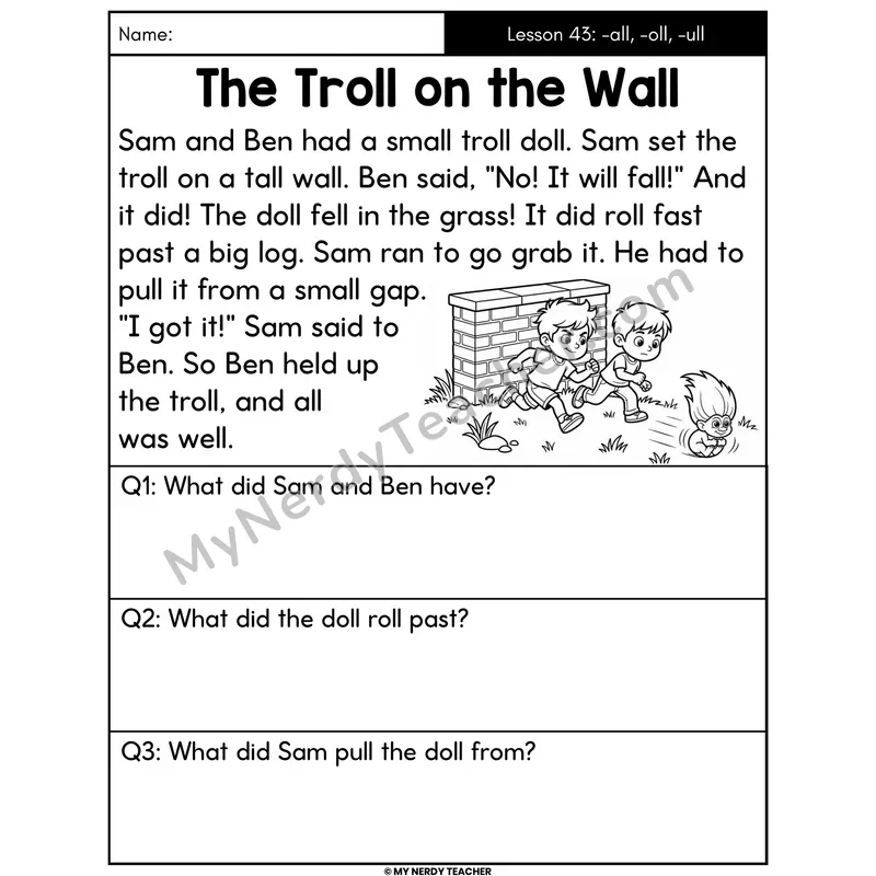-all -oll -ull Glued Sounds Decodable Passage - The Troll on the Wall (Answer Boxes)