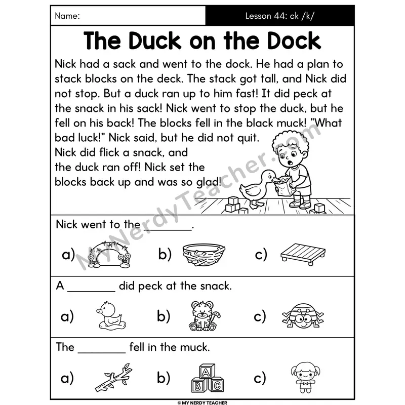 ck Digraph Decodable Passage - The Duck on the Dock (Picture Choices)