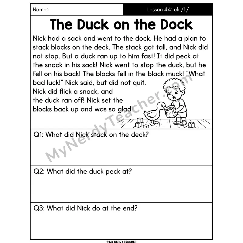 ck Digraph Decodable Passage - The Duck on the Dock (Answer Boxes)