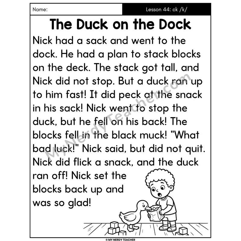 ck Digraph Decodable Passage - The Duck on the Dock (Large Print)