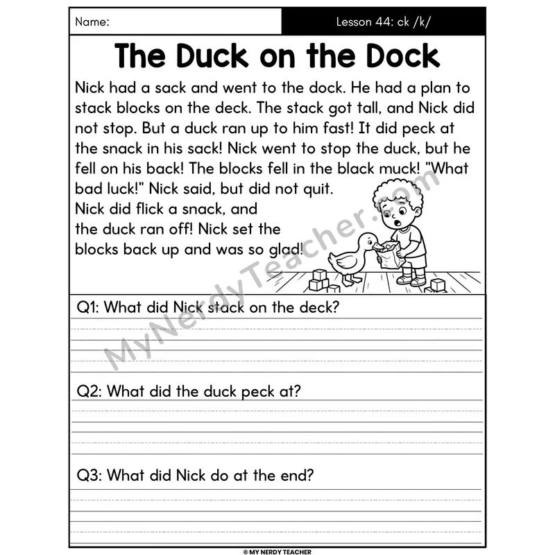 ck Digraph Decodable Passage - The Duck on the Dock (Written Answers)