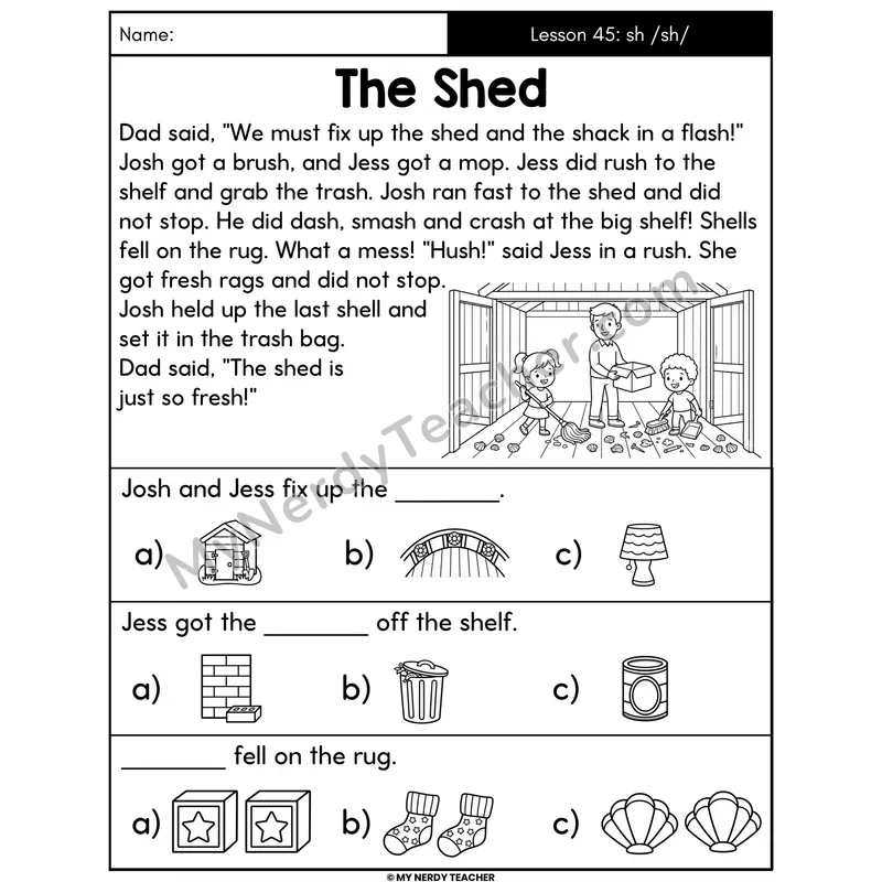 sh Digraph Decodable Passage - The Shed (Picture Choices)
