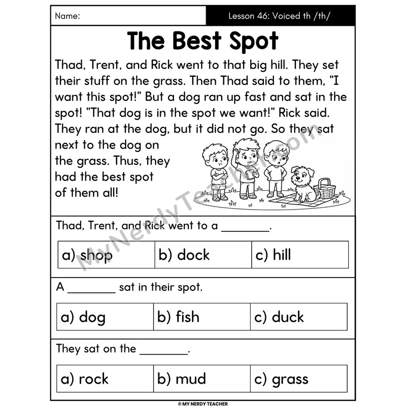Voiced th Digraph Decodable Passage - The Best Spot (Multiple Choice)