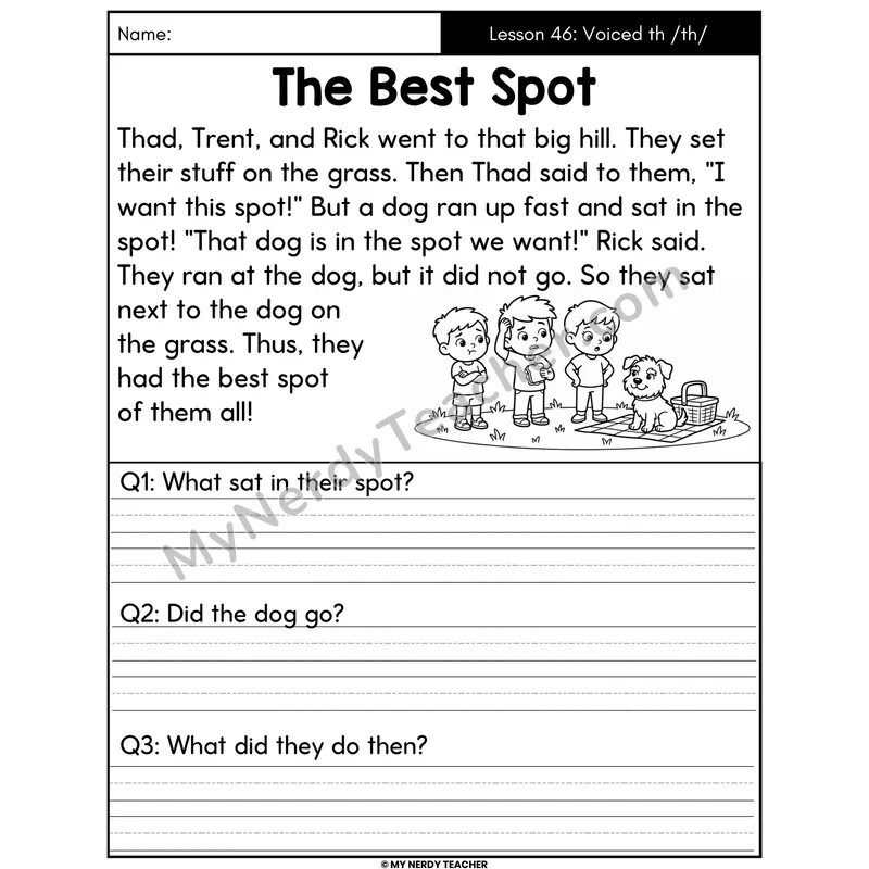 Voiced th Digraph Decodable Passage - The Best Spot (Written Answers)