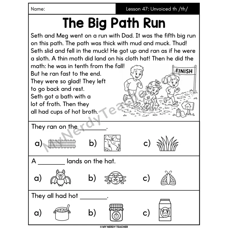 Unvoiced th Digraph Decodable Passage - The Big Path Run (Picture Choices)