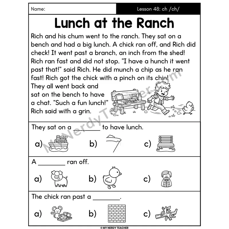 ch Digraph Decodable Passage - Lunch at the Ranch (Picture Choices)