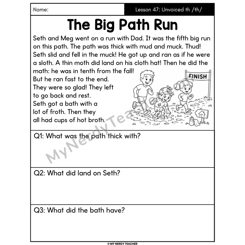 Unvoiced th Digraph Decodable Passage - The Big Path Run (Answer Boxes)