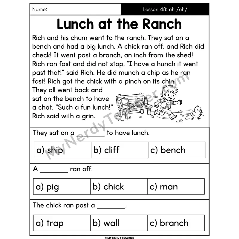 ch Digraph Decodable Passage - Lunch at the Ranch (Multiple Choice)