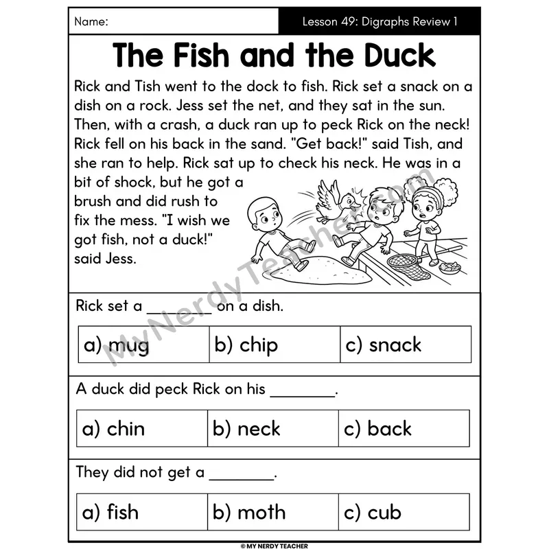 Digraphs Review 1 Decodable Passage - The Fish and the Duck (Multiple Choice)